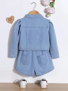 Toddler Girls Puff Sleeve Denim Jacket & Fold Pleated Shorts Without Tee - Light Wash - View 2