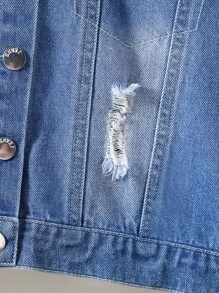 男孩漂白水洗破洞翻蓋口袋牛仔夾克不帶T恤 - 中等水洗藍 - 查看 5