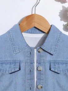 Toddler Girls Puff Sleeve Denim Jacket & Fold Pleated Shorts Without Tee - Light Wash - View 3