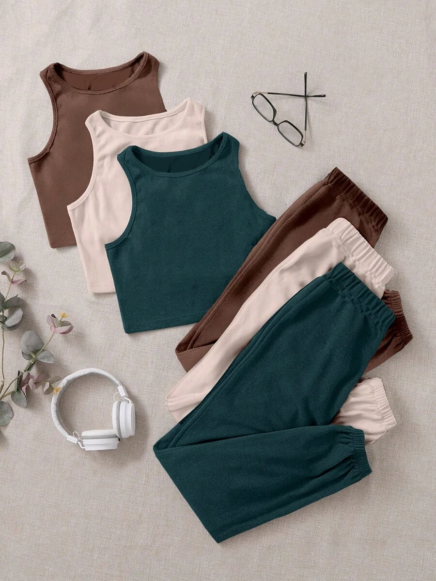 3pcs Solid Simple Tank Top & Pants Lounge Set Outfit - Multicolor - View 1