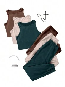 3pcs Solid Simple Tank Top & Pants Lounge Set Outfit - Multicolor - View 4