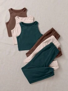 3pcs Solid Simple Tank Top & Pants Lounge Set Outfit - Multicolor - View 5
