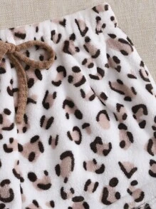 Ribbed Knit Tank Top & Leopard Pattern Knot Front Coral Fleece Shorts Lounge Set - Multicolor - View 4