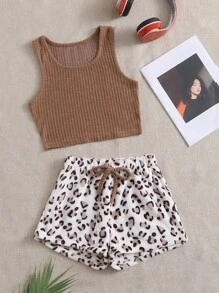 Ribbed Knit Tank Top & Leopard Pattern Knot Front Coral Fleece Shorts Lounge Set - Multicolor - View 6