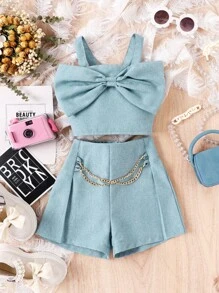 小女童前蝴蝶結吊帶上衣和鏈條細節短褲 - 薄荷綠 - 查看 1