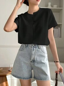 DAZY 素色不對稱領T恤 - 黑色 - 查看 4