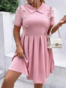 SHEIN Unity Hơn Chi tiết Nút Viền xếp li Đầm - Hồng - Xem 4