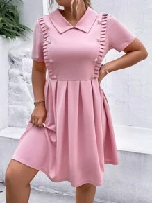 SHEIN Unity Hơn Chi tiết Nút Viền xếp li Đầm - Hồng - Xem 3