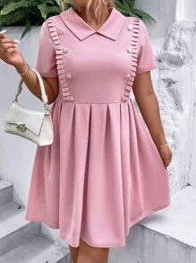 SHEIN Unity Hơn Chi tiết Nút Viền xếp li Đầm - Hồng - Xem 5