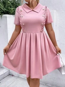 SHEIN Unity Hơn Chi tiết Nút Viền xếp li Đầm - Hồng - Xem 6