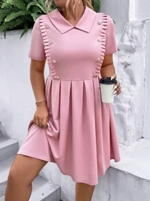 SHEIN Unity Hơn Chi tiết Nút Viền xếp li Đầm - Hồng - Xem 8