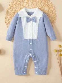 男嬰前蝴蝶結拼接領前蝴蝶結針織連身褲 - 藍色 - 查看 1