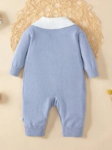 男嬰前蝴蝶結拼接領前蝴蝶結針織連身褲 - 藍色 - 查看 2