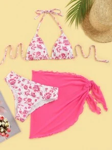 Swim Mod Summer Beach Floral Print Halter Triangle Bikini Set With Beach Skirt - Multicolor - View 1
