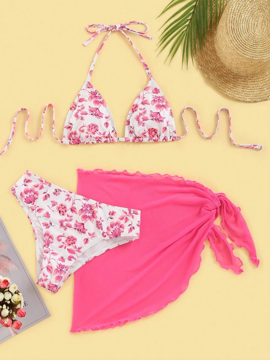 Swim Mod Summer Beach Floral Print Halter Triangle Bikini Set With Beach Skirt - Multicolor - View 1