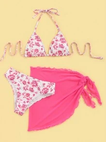 Swim Mod Summer Beach Floral Print Halter Triangle Bikini Set With Beach Skirt - Multicolor - View 4