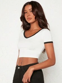 SHEIN BASICS 撞色滾邊短款T恤 - 白色 - 查看 3