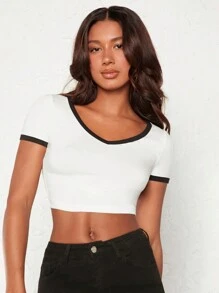 SHEIN BASICS 撞色滾邊短款T恤 - 白色 - 查看 4