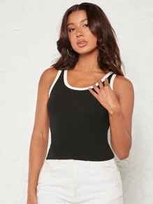 SHEIN BASICS Contrast Binding Tank Top - Black - View 1