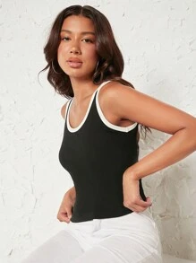 SHEIN BASICS Contrast Binding Tank Top - Black - View 5