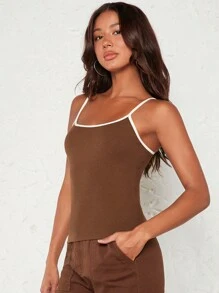 SHEIN BASICS 撞色滾邊吊帶上衣 - 咖啡棕 - 查看 5