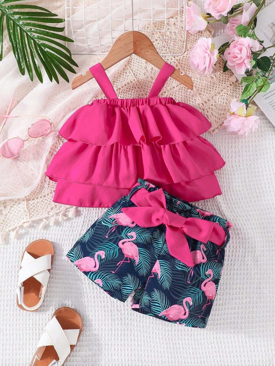 Baby Ruffle Trim Cami Top & Tropical Print Belted Shorts - Multicolor - View 1