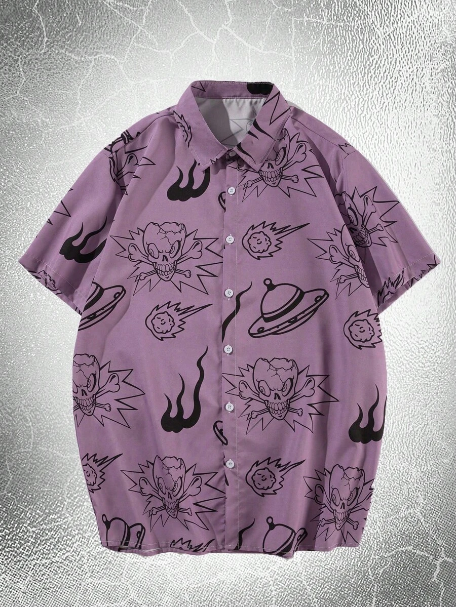 ROMWE MEN Goth 男士骷髅頭圖案襯衫 - 紫色 - 查看 1