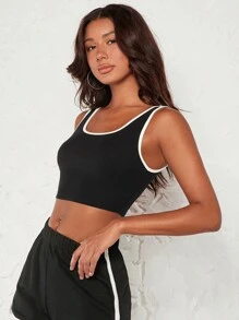 SHEIN BASICS 撞色滾邊短款背心 - 黑色 - 查看 1