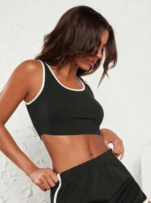 SHEIN BASICS 撞色滾邊短款背心 - 黑色 - 查看 4