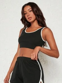 SHEIN BASICS 撞色滾邊短款背心 - 黑色 - 查看 5