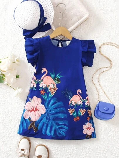 SHEIN 小女童火烈鳥和熱帶印花荷葉邊連衣裙&帽