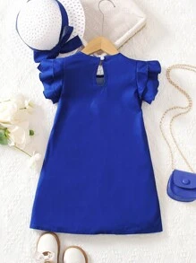 SHEIN 小女童火烈鳥和熱帶印花荷葉邊連衣裙&帽 - 寶藍色 - 查看 2