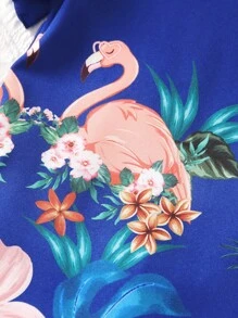 SHEIN 小女童火烈鳥和熱帶印花荷葉邊連衣裙&帽 - 寶藍色 - 查看 4