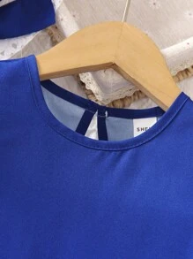 SHEIN 小女童火烈鳥和熱帶印花荷葉邊連衣裙&帽 - 寶藍色 - 查看 7