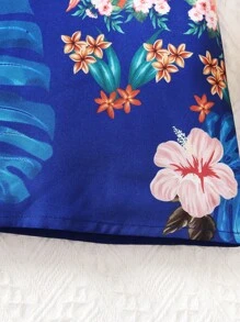 SHEIN 小女童火烈鳥和熱帶印花荷葉邊連衣裙&帽 - 寶藍色 - 查看 8