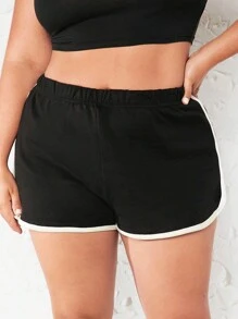 SHEIN BASICS Terry Fleece Plus Contrast Binding Track Shorts - Black - View 4