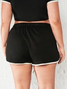 SHEIN BASICS Terry Fleece Plus Contrast Binding Track Shorts - Black - View 3