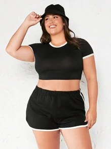 SHEIN BASICS Terry Fleece Plus Contrast Binding Track Shorts - Black - View 2