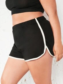 SHEIN BASICS Terry Fleece Plus Contrast Binding Track Shorts - Black - View 5
