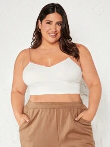 SHEIN BASICS 大碼撞色滾邊吊帶短上衣 - 白色 - 查看 5