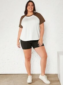 SHEIN BASICS Plus Colorblock Raglan Sleeve Tee - White - View 3