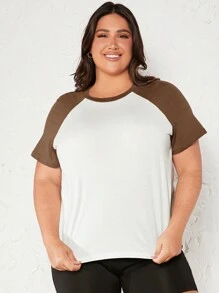 SHEIN BASICS Plus Colorblock Raglan Sleeve Tee - White - View 4