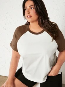 SHEIN BASICS Plus Colorblock Raglan Sleeve Tee - White - View 5