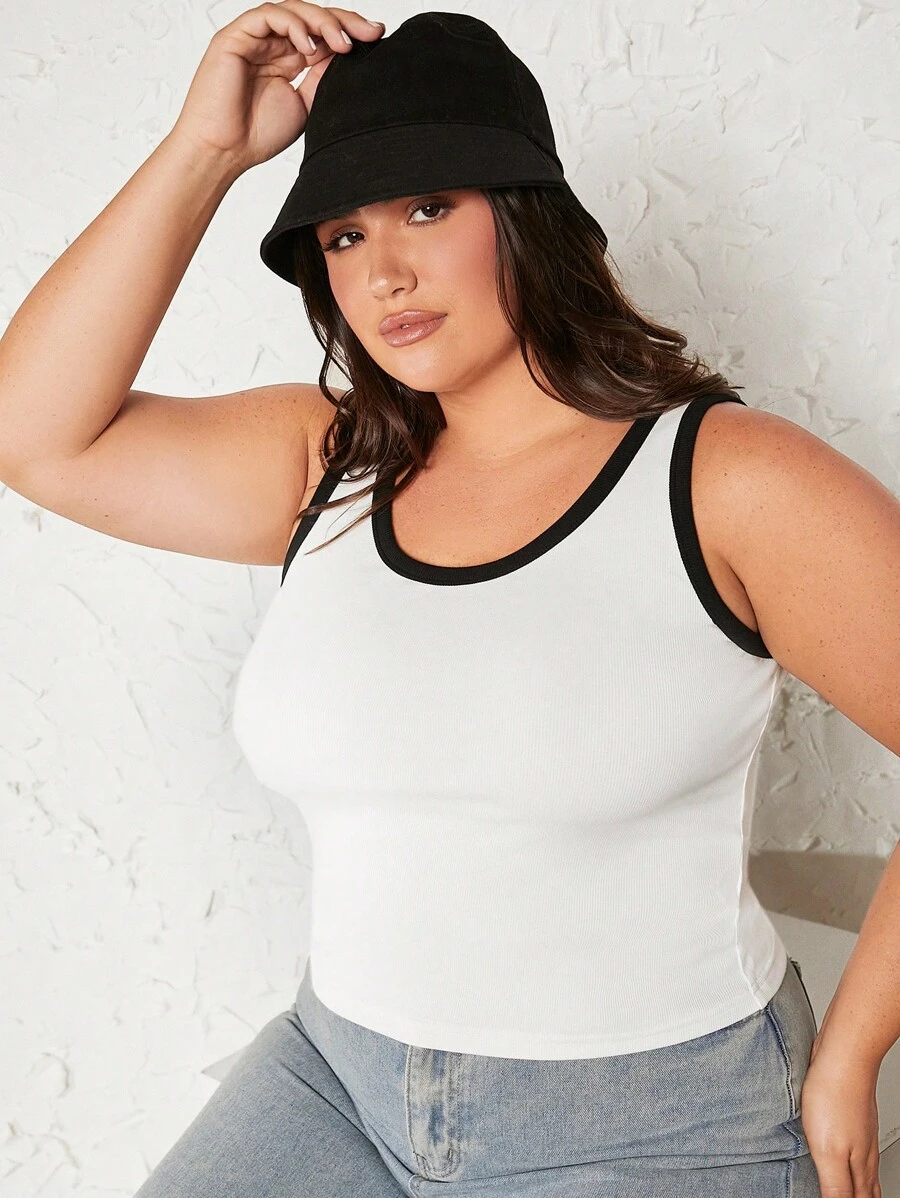 SHEIN BASICS 大碼撞色滾邊背心上衣 - 白色 - 查看 1