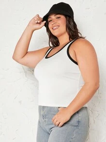 SHEIN BASICS 大碼撞色滾邊背心上衣 - 白色 - 查看 4