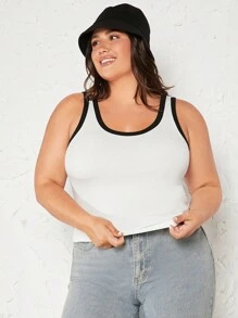 SHEIN BASICS 大碼撞色滾邊背心上衣 - 白色 - 查看 5