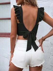 SHEIN VCAY Áo nữ Lộ Lưng Xù Buộc lại màu trơn Giải trí - màu đen - Xem 1