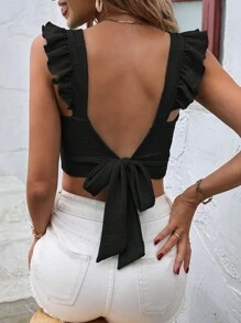 SHEIN VCAY Áo nữ Lộ Lưng Xù Buộc lại màu trơn Giải trí - màu đen - Xem 3