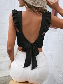 SHEIN VCAY Áo nữ Lộ Lưng Xù Buộc lại màu trơn Giải trí - màu đen - Xem 5