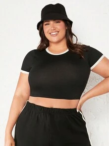 SHEIN BASICS Hơn Tương phản ràng buộc Áo phông Crop - màu đen - Xem 6